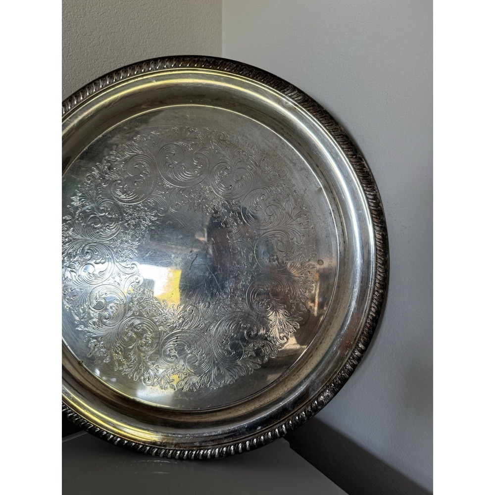 Vintage Sheridan Silver Plated 16" Round Serving Tray Platter Etched Rope Edge - Picture 4 of 10